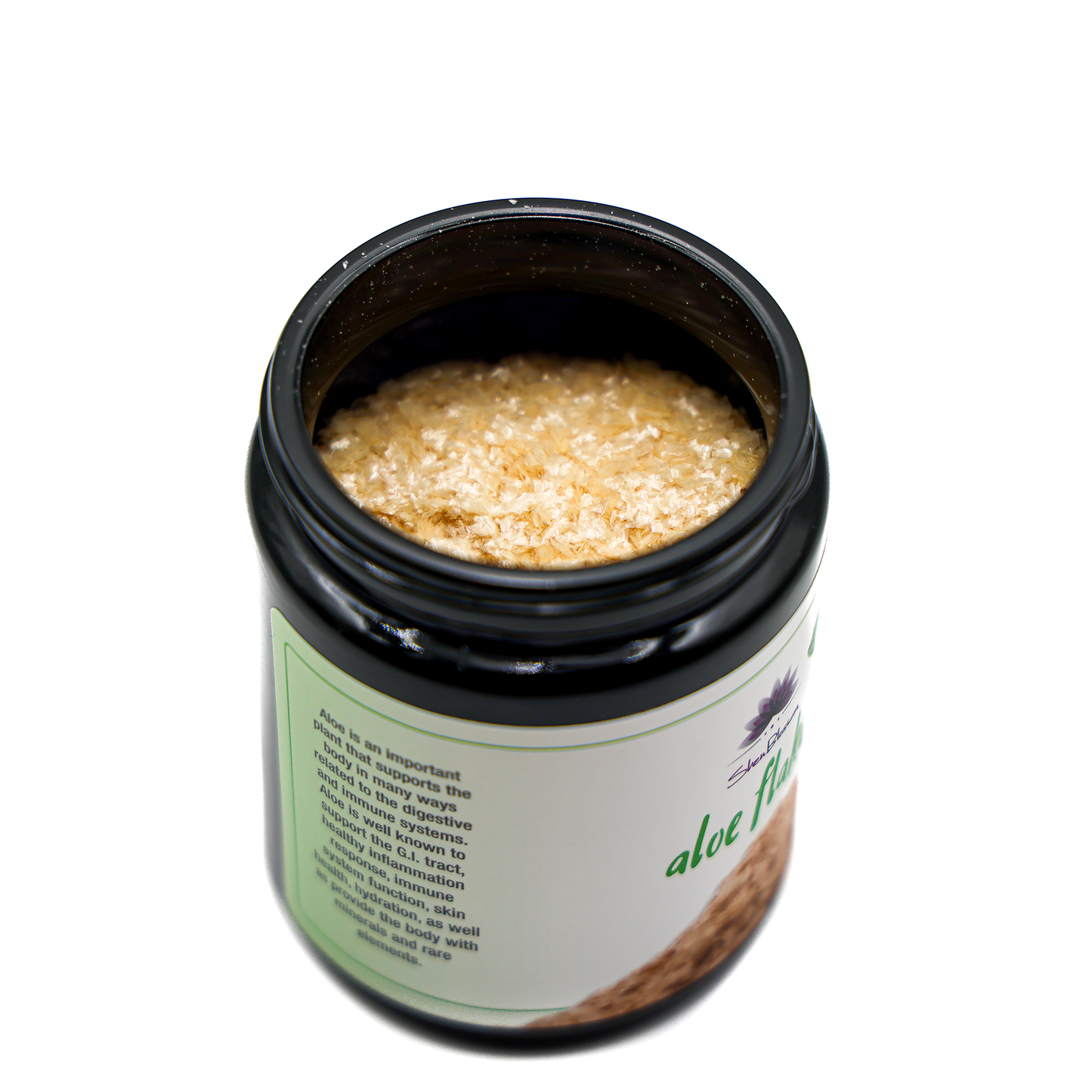 A look inside the bottle of Shen Blossom's Aloe Flakes