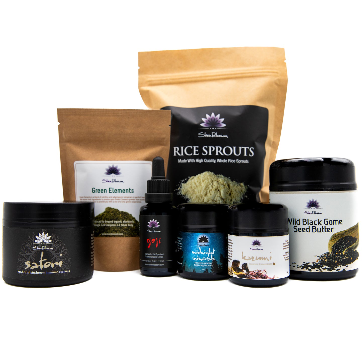 Pictured is Shen Blossom's Mama Bliss bundle, and it contains Green Elements, Rice Sprouts Powder, Kazumi Seaweed Powder, Satori Medicinal Mushroom formula, Goji Extract, Midnight Minerals, and Black Gome Seed Butter. This bundle provides the strong foundational support a mother needs throughout the entire pregnancy and beyond.