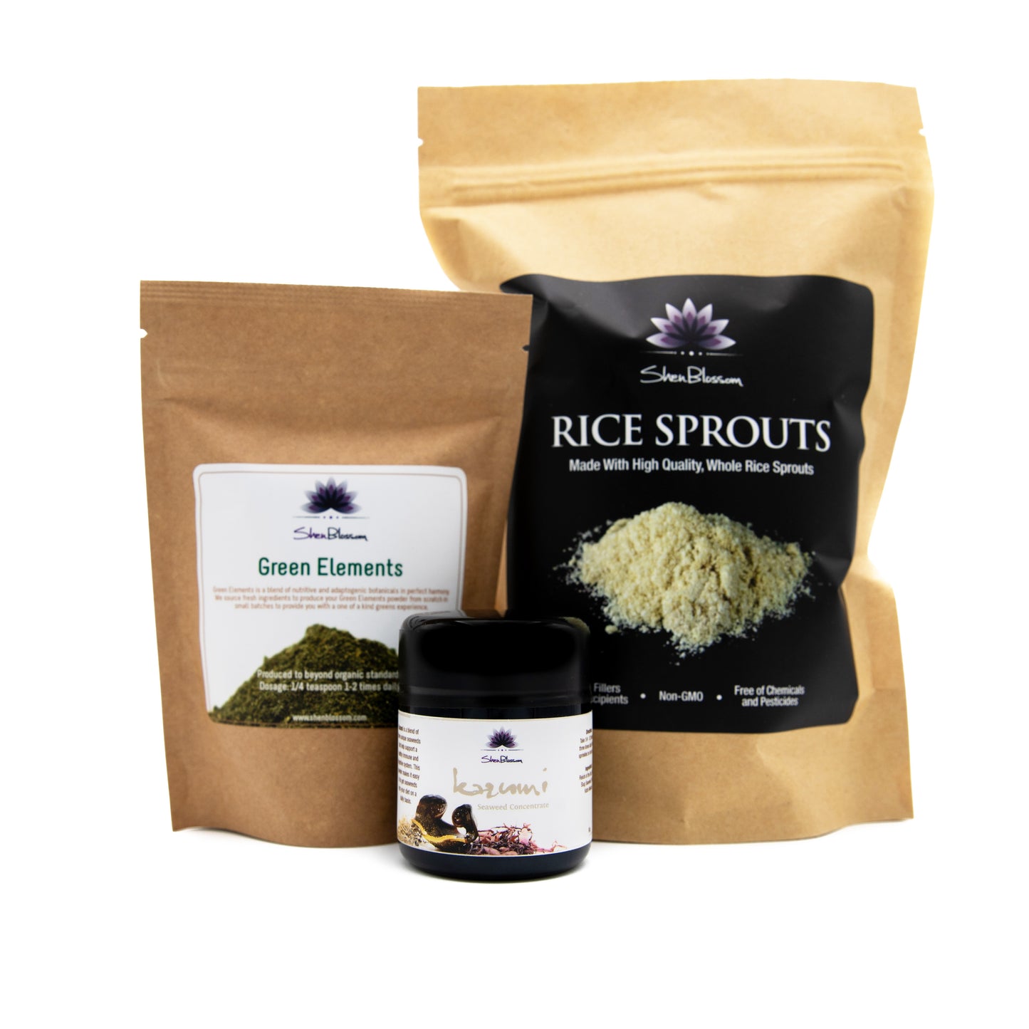 Pictured is Shen Blossom's Mama Glow bundle. It provides the strong foundational support a mother needs throughout the entire pregnancy and beyond. Included in this bundle are the Green Elements, Rice Sprouts Powder, and the Kazumi Seaweed Powder.