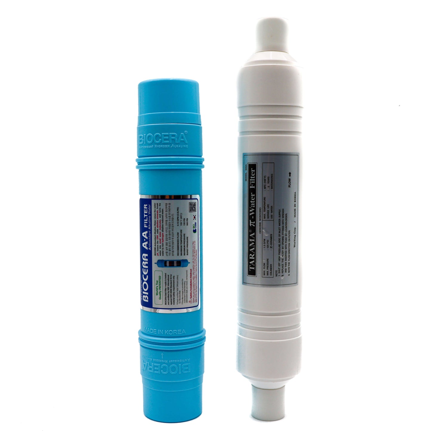 A photograph of a π water filter (white) and Biocerra water filter (blue)