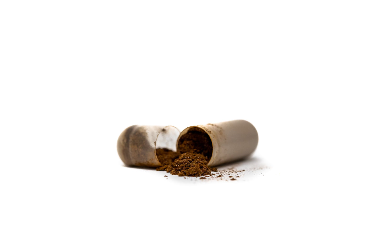 A Chaga capsule broken open to show extract contents inside