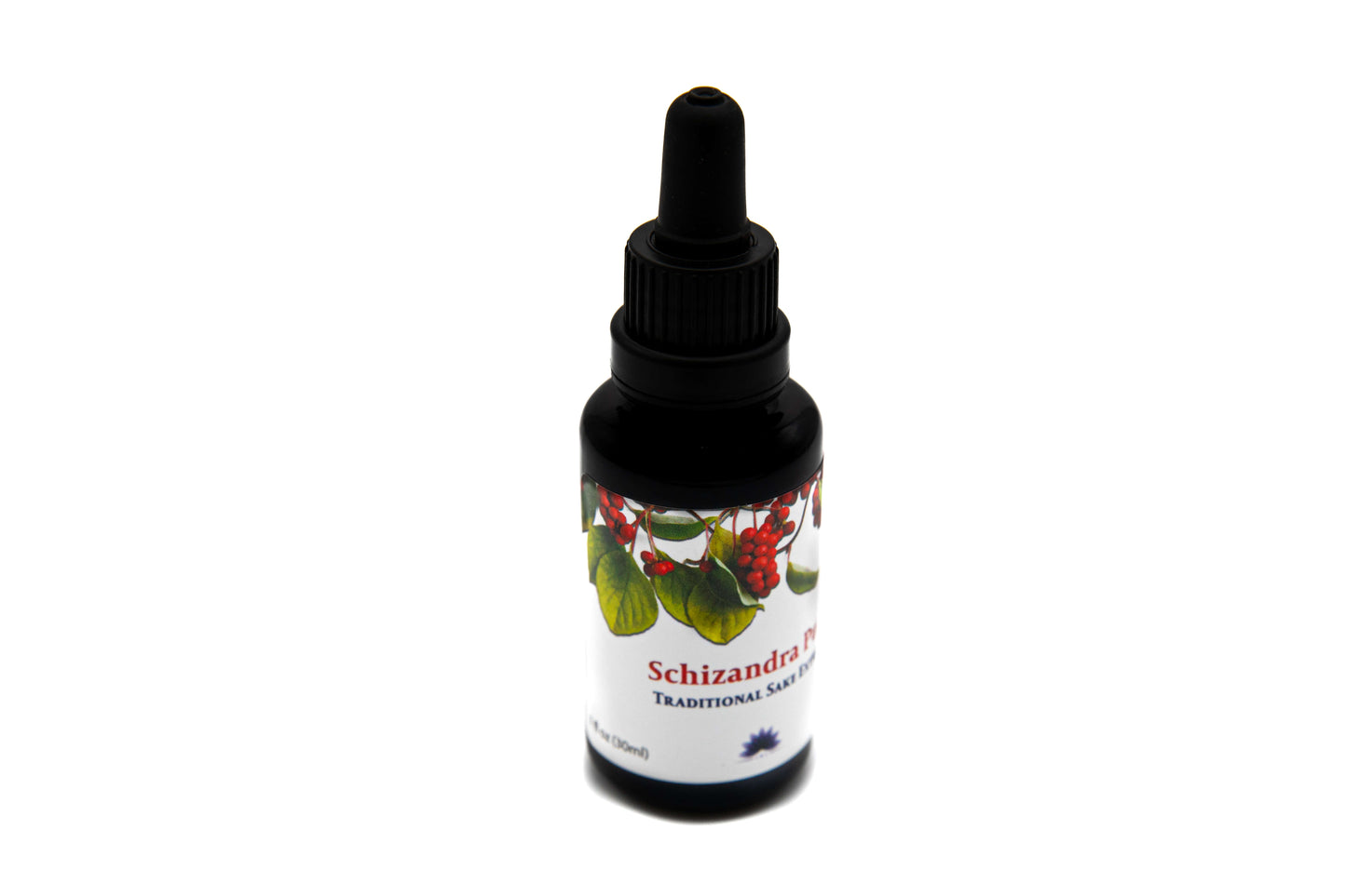 Pictured is a close up of the side view of a Schizandra Pure Traditional Sake bottle