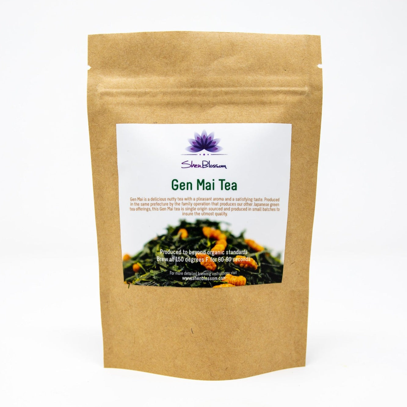 This picture features a pouch of Shen Blossom's Gen Mai Green Tea on a white background