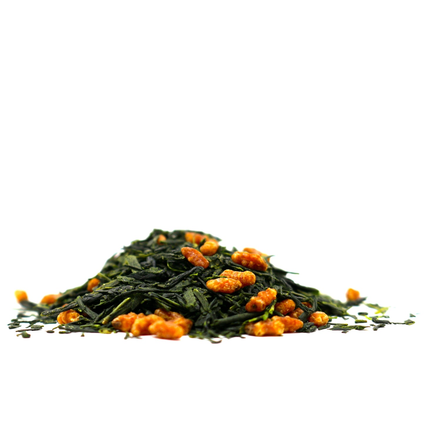 This picture features a pile of Shen Blossom's Gen Mai Green Tea on a white background