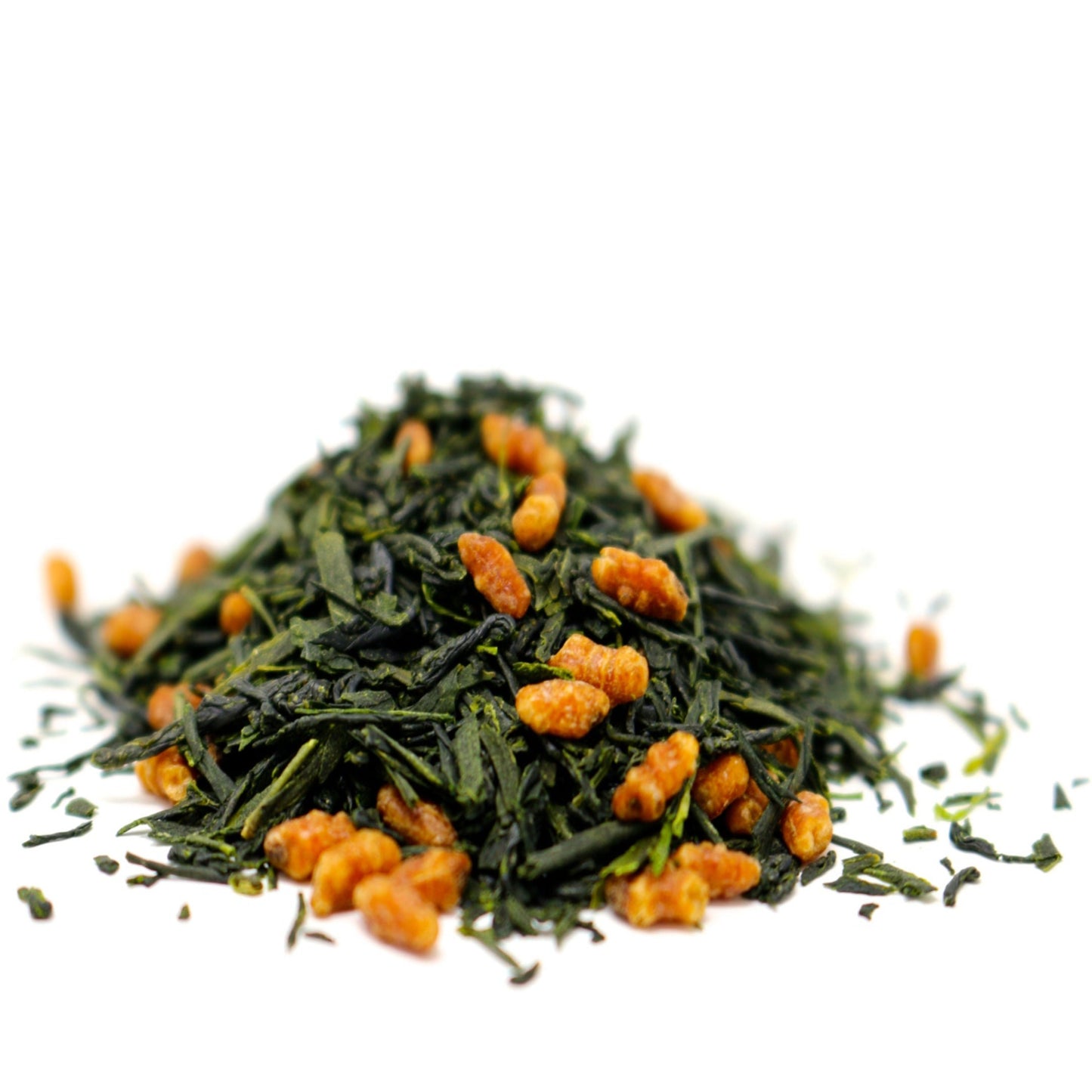 This picture features a pile of Shen Blossom's Gen Mai Green Tea on a white background