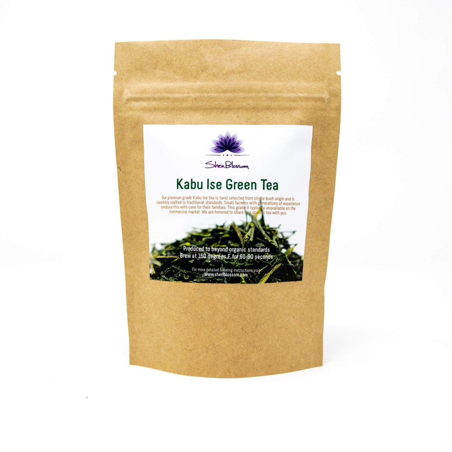 Shen Blossom's Kabu Ise Green Tea photographed on a white background