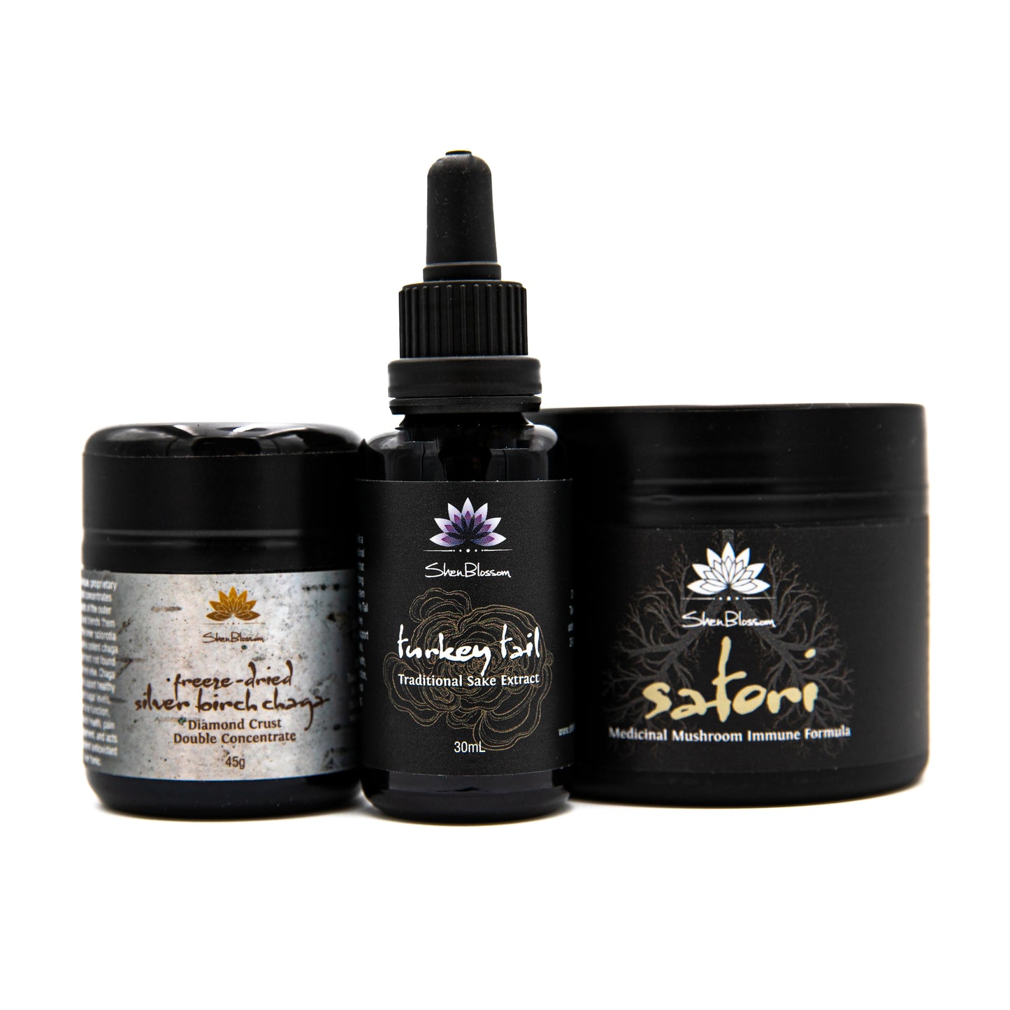 Pictured is Shen Blossom's Medicinal Mushroom bundle that contains Satori Medicinal Mushroom Immune Formula, Turkey Tail Sake Extract and Freeze-dried Silver Birch Chaga Concentrate.