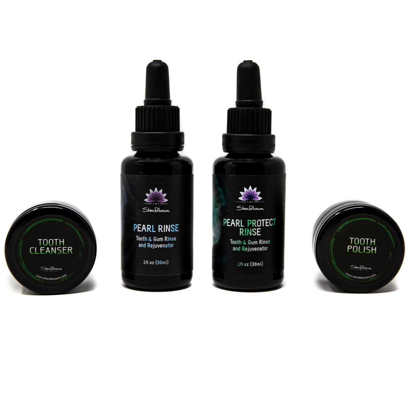 Displayed is the Tooth Spa Bundle that includes Shen Blossom's Tooth Cleanser,Tooth Polish, Pearl Protect Rinse and Pearl Rinse.