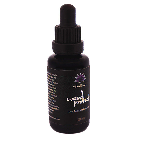 Pictured is a side view of a bottle of Shen Blossom's Wood Protect tincture