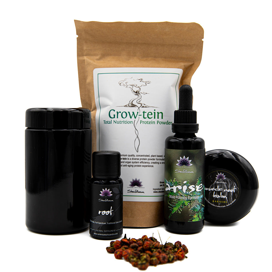 Pictured is Shen Blossom's Men's Bundle formulated for men who are wanting to achieve optimal health. It consists of our Root Ginseng Extract, Arise, Muscle Root Balm, and the Grow-tein Total Nutrition Protein Powder.