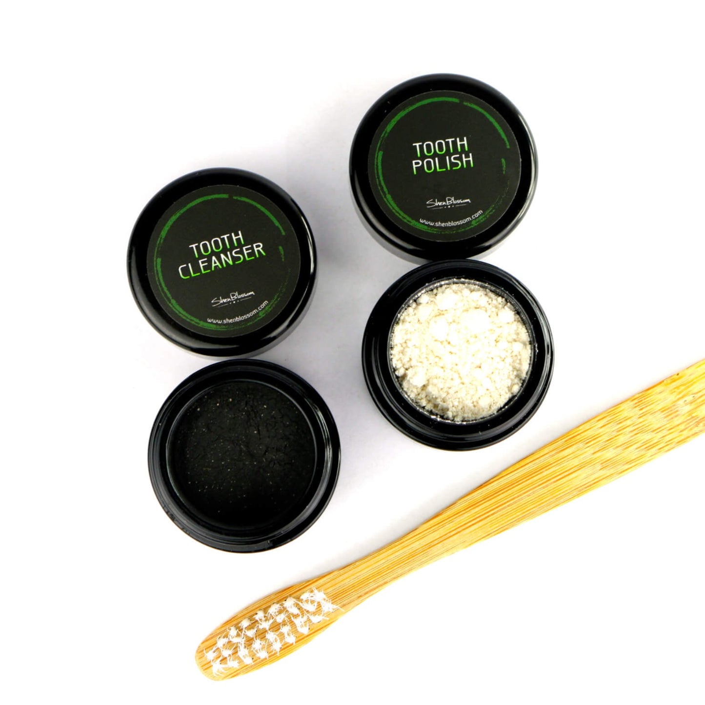 Shen Blossom's Tooth Cleanser and Tooth Polish photographed on a white background