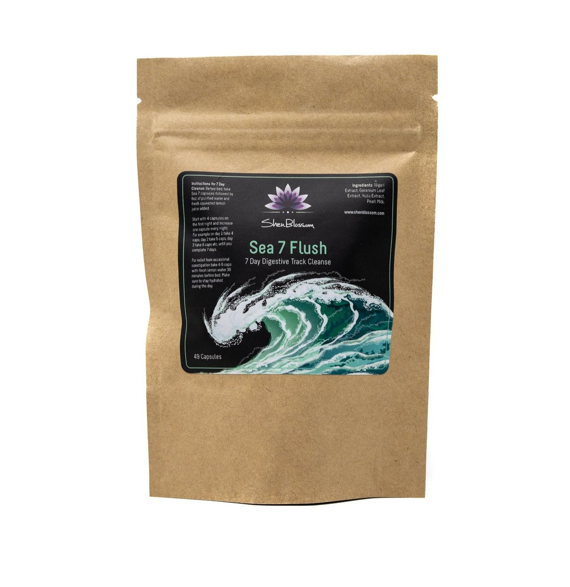 Pictured is a pouch of Shen Blossom's Sea 7 Flush that is a 7 day digestive track cleanse