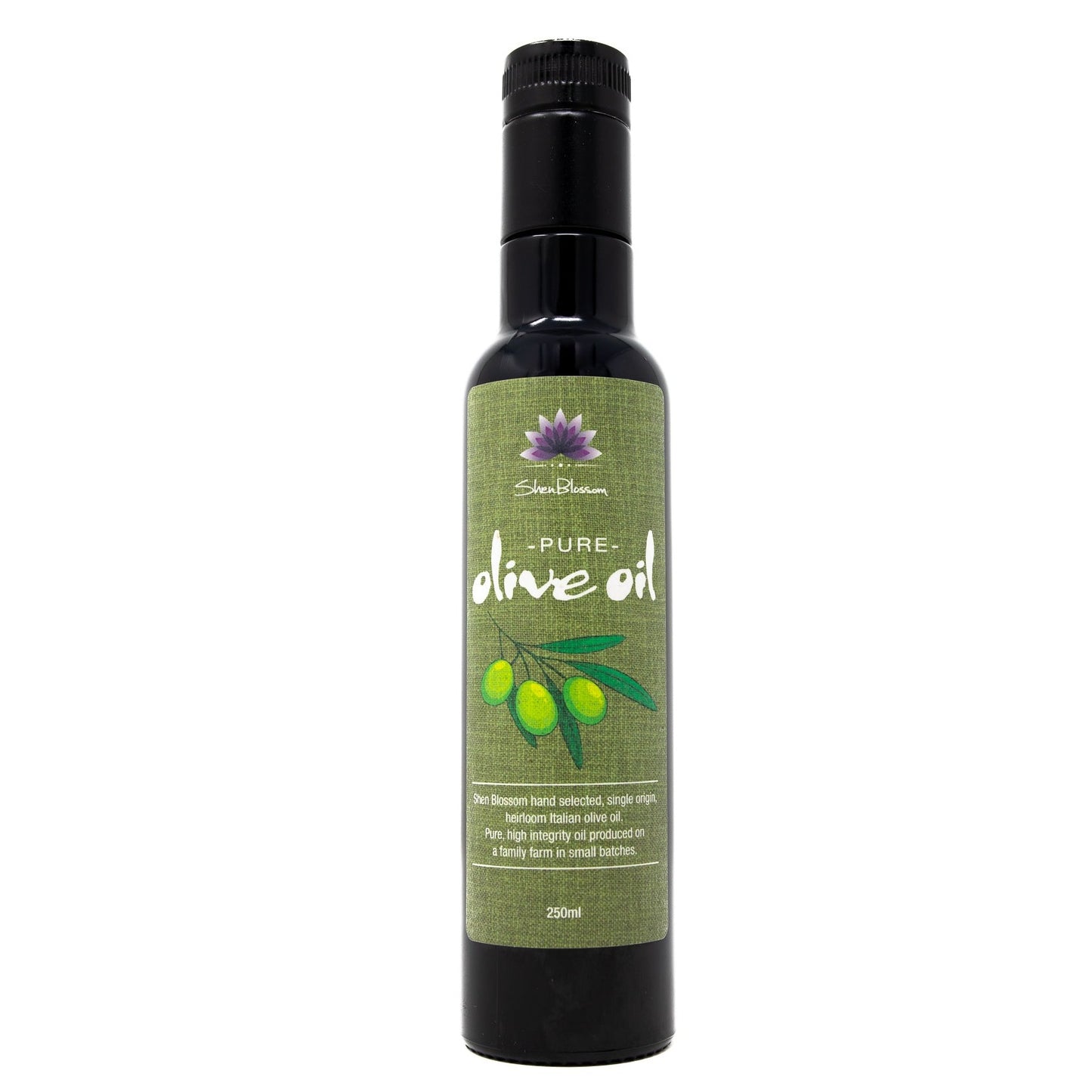 Pictured is Shen Blossom's 250ml Pure Olive Oil bottle