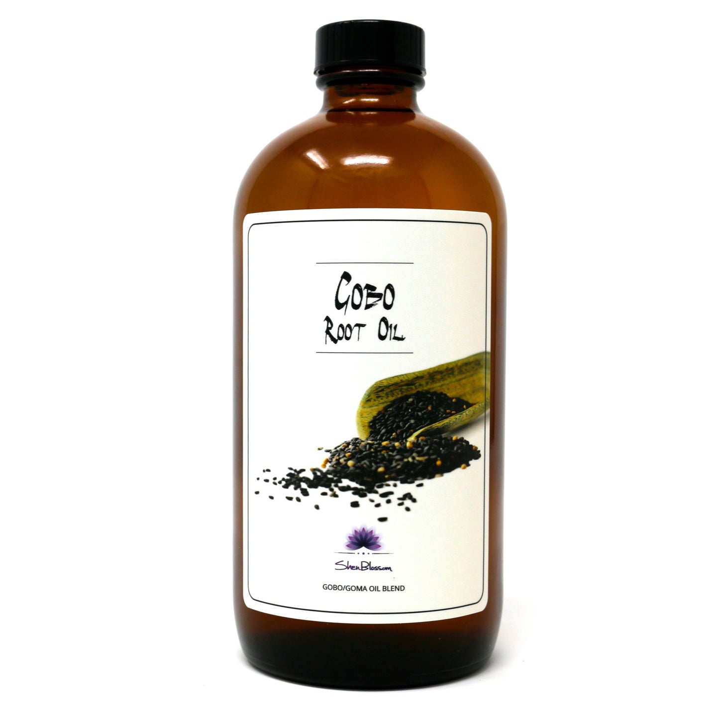 A bottle of Shen Blossom's Gobo Root Oil photographed on a white background