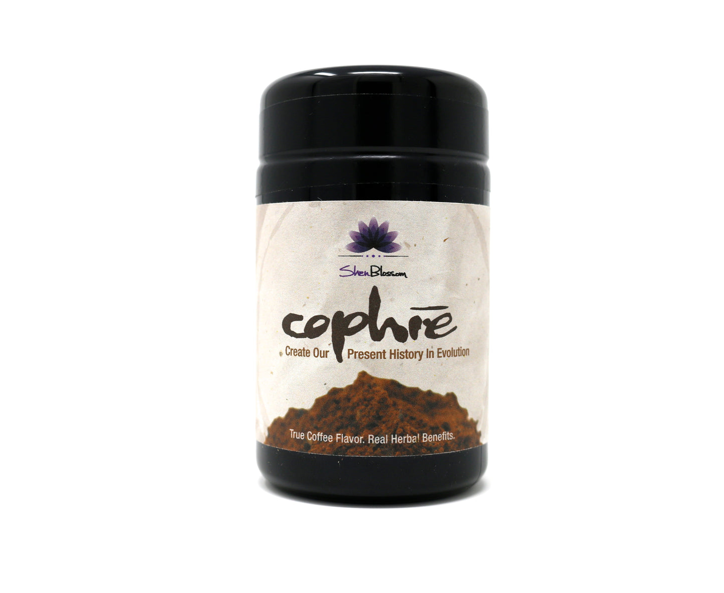Pictured is Cophīe, Shen Blossom's coffee like beverage that can be prepared hot or cold for a one of a kind herbal experience.