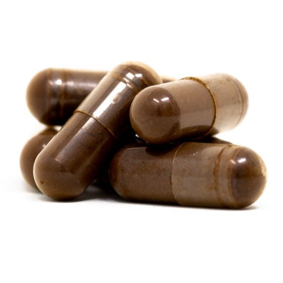Shen Blossom's Wild Red Reishi Mushroom Full Spectrum Powder capsules photographed on a white background