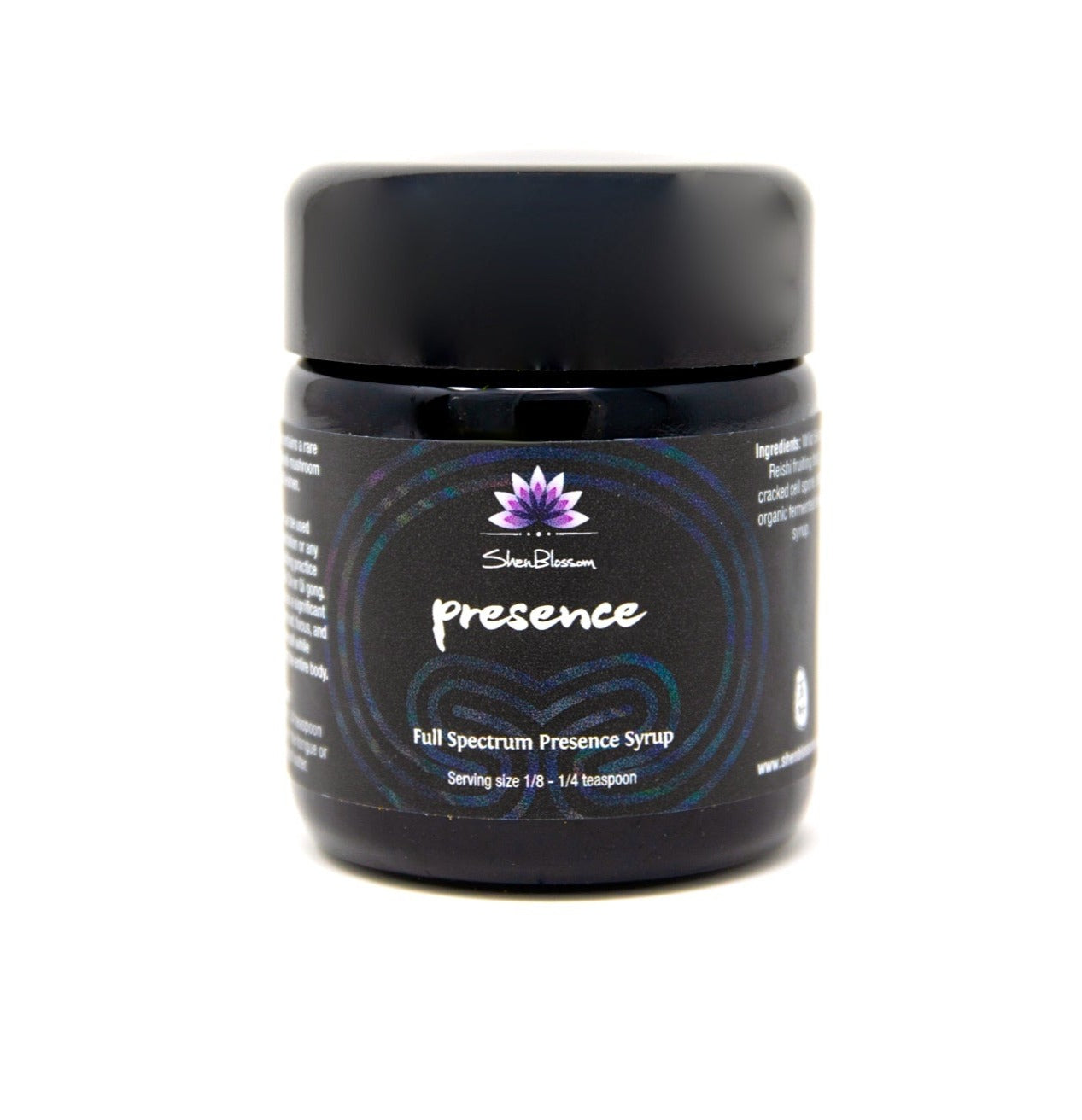 A jar of Shen Blossom's Presence syrup photographed on a white background