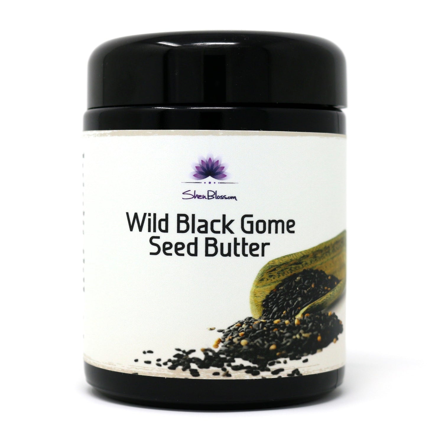 An up close look at a jar of Shen Blossom's Wild Black Gome Seed Butter