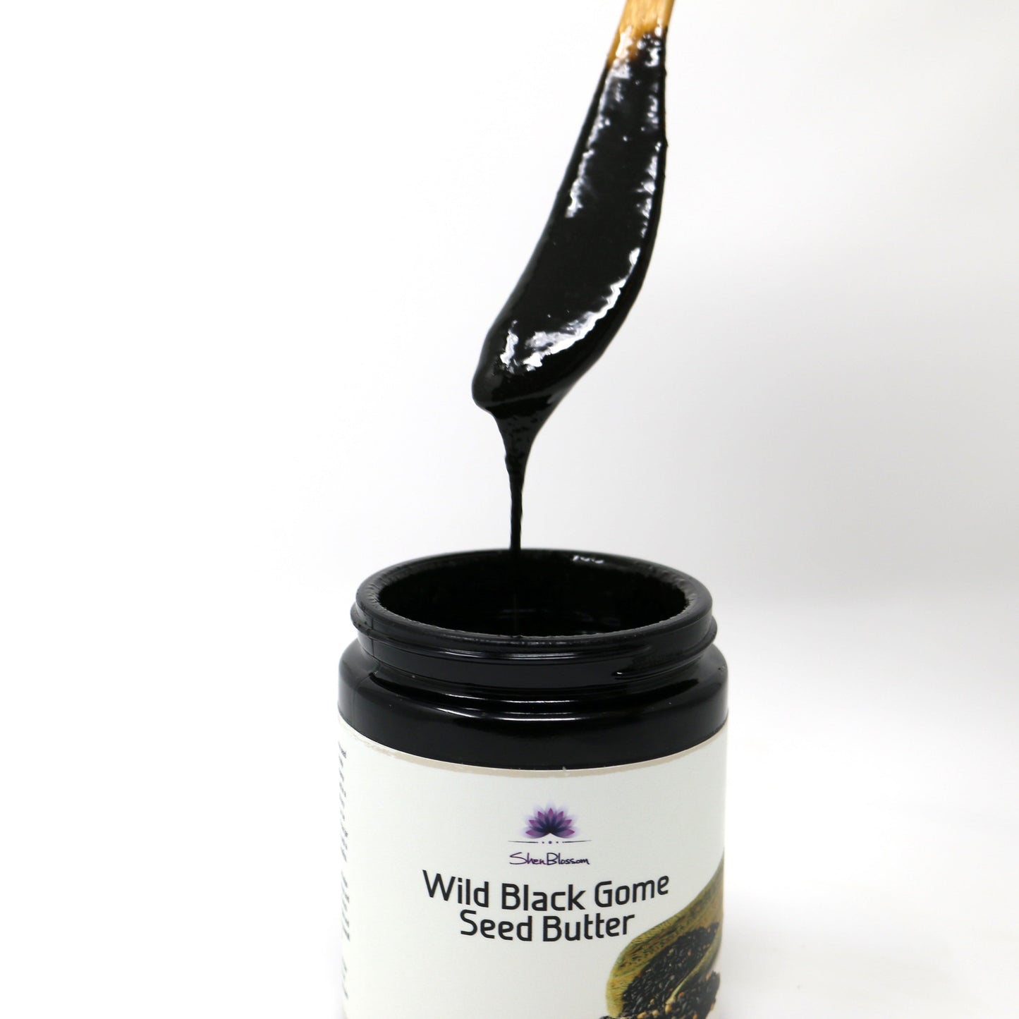 An up close look at the contents of Shen Blossom's Wild Black Gome Seed Butter