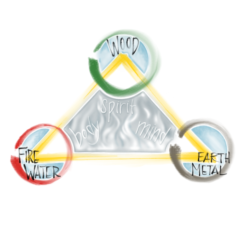 A graphic showing the connection between Shen Blossom's Earth Series: Wood / Spirit, Fire Water / Body and Earth Metal / Mind