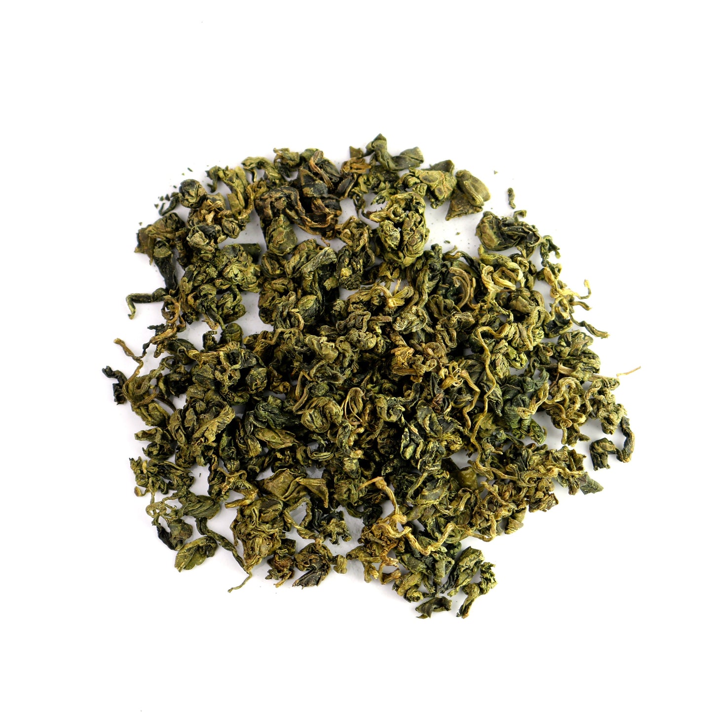 This is a pile of Shen Blossom's Amacha Loose Leaf Tea photographed on a white background