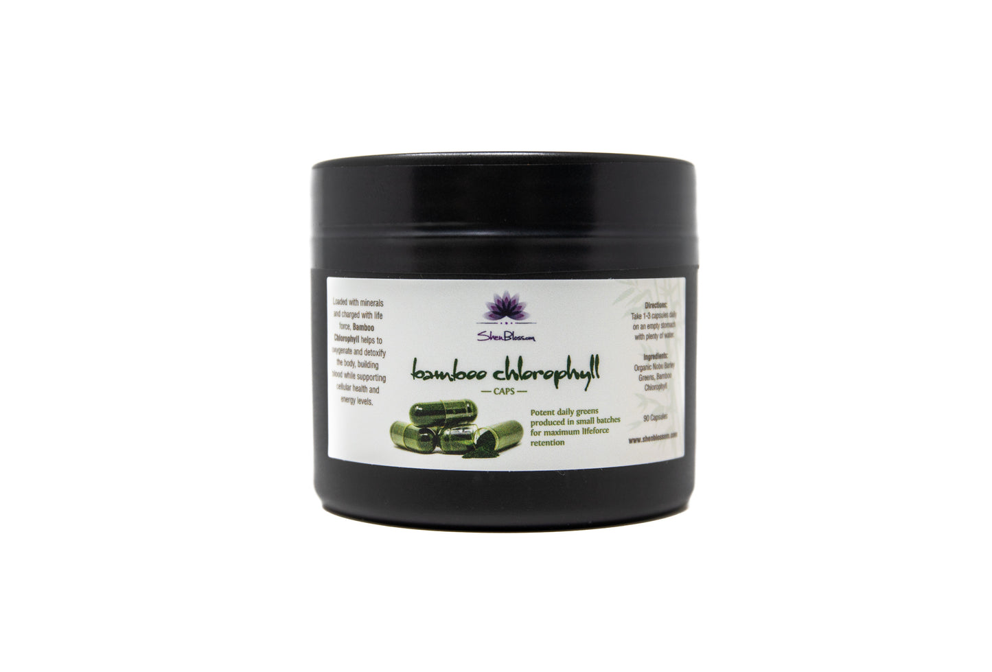 An up close picture of Shen Blossom's Bamboo Chlorophyll caps in their packaging photographed on a white background