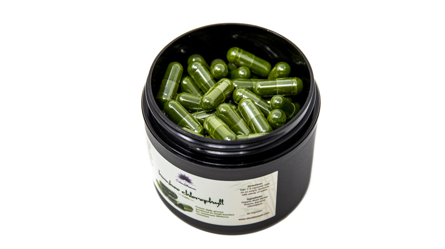 These are Bamboo Chlorophyll capsules  inside of their Shen Blossom bottle photographed on a white background