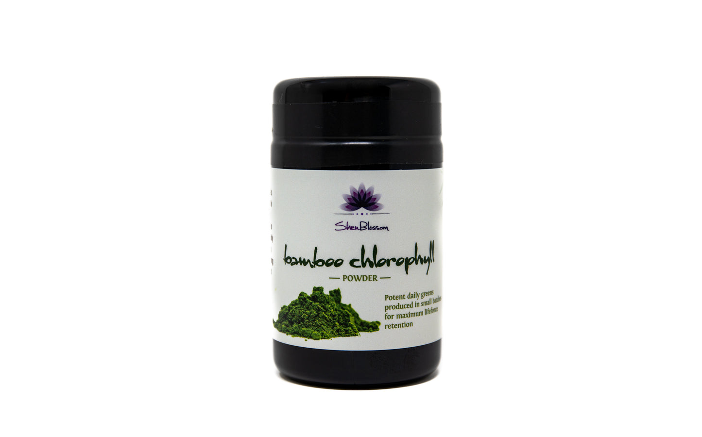 A bottle of Shen Blossom's Bamboo Chlorophyll Powder photographed on a white background