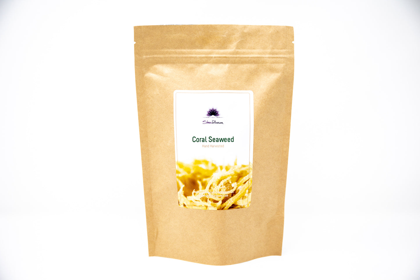 This image shows a bag of Shen Blossom's hand harvested Young Coral Seaweed displayed on a white background
