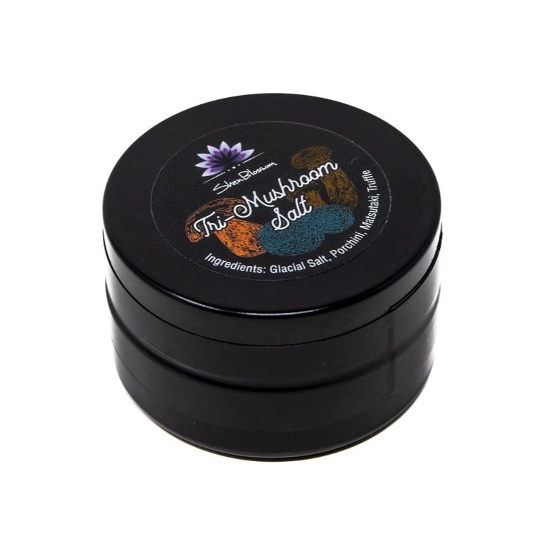 An up close picture of Shen Blossom's Tri-Mushroom Salt packaging