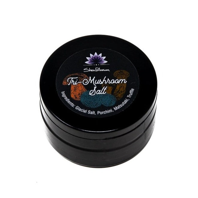 An up close picture of Shen Blossom's Tri-Mushroom Salt packaging