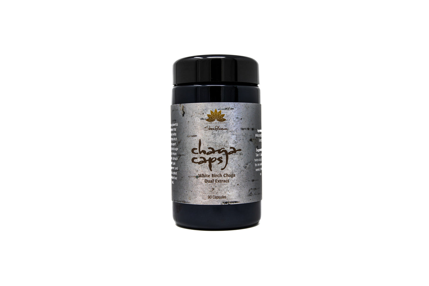 An up close look at Shen Blossom's Chaga Caps bottle photographed on a white background
