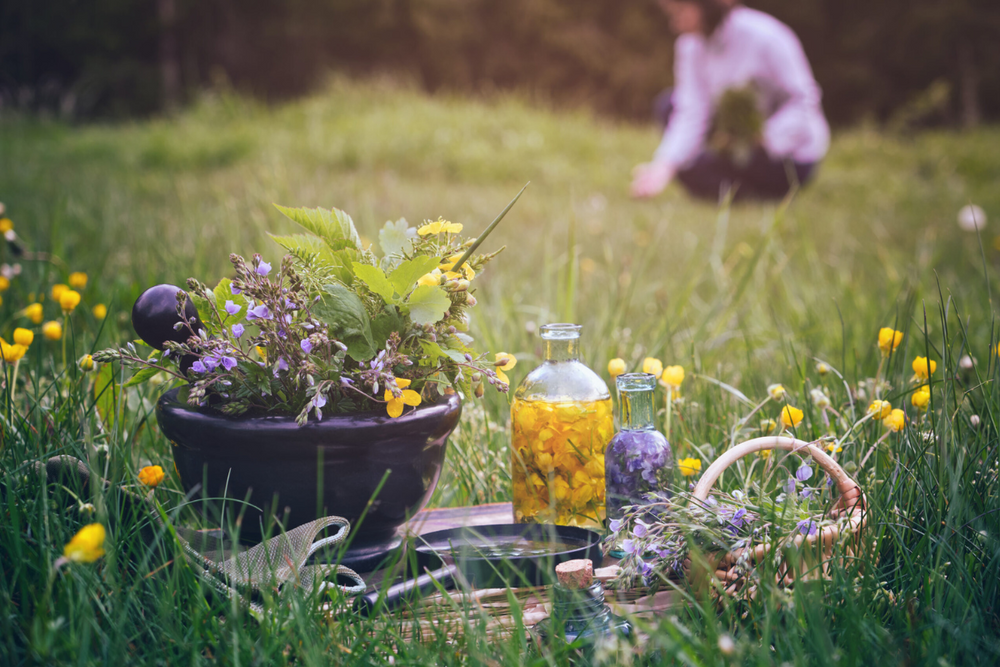 image of person picking herbs in the background and a bowl of herbs in the foreground