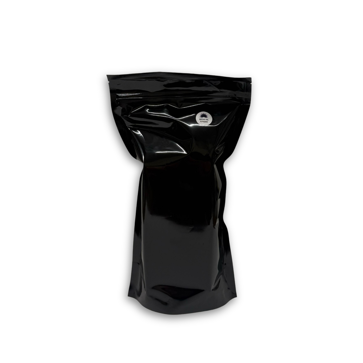 A black bag of 70 Ortho Nil pain packets photographed on a white background