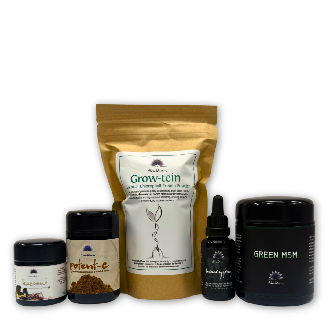 The Collagen Builder Bundle: Kazumi, Potent-C, Grow-tein, Beauty Jing and Green MSM photographed on a white background